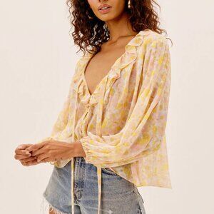 For Love & Lemons | Pink yellow floral Melanie ruffle long sleeve blouse | Sz L